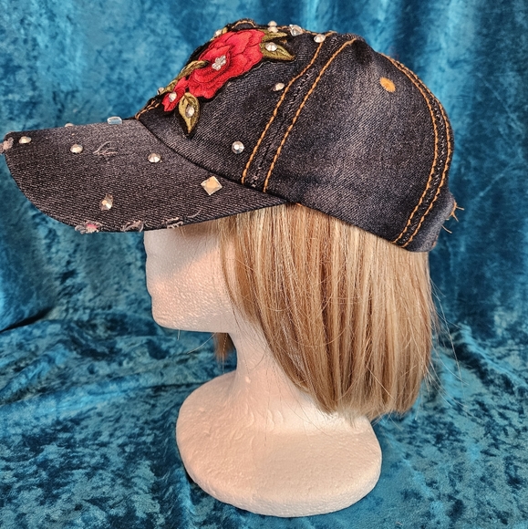 Distressed Adjustable Denim Cap Roses Rhinestone 100% Cotton - Picture 2 of 9